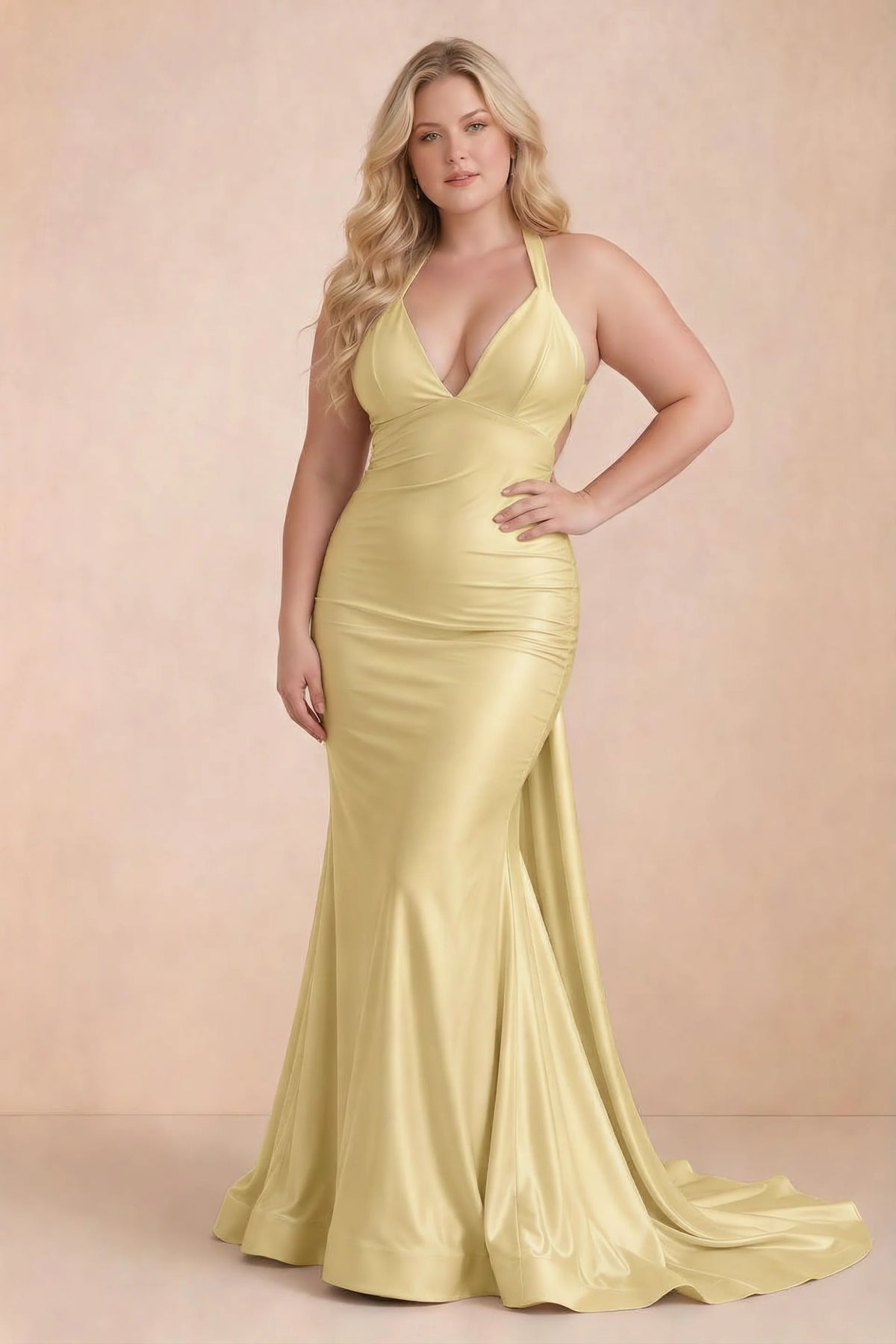 Elodie Canary Satin Ruched V-Neck Mermaid Maxi Dress