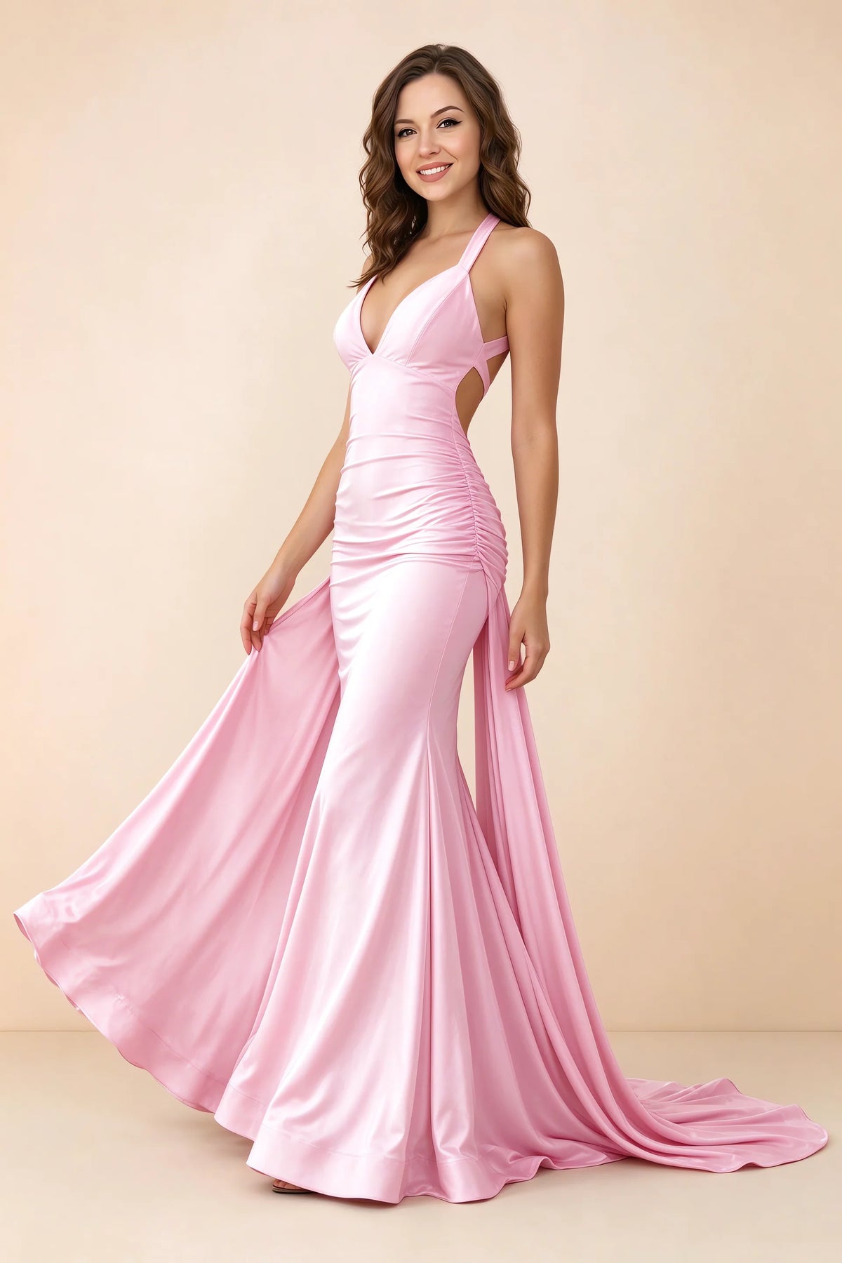 Vestido largo Elodie de satén rosa caramelo, fruncido, con escote en V y corte sirena
