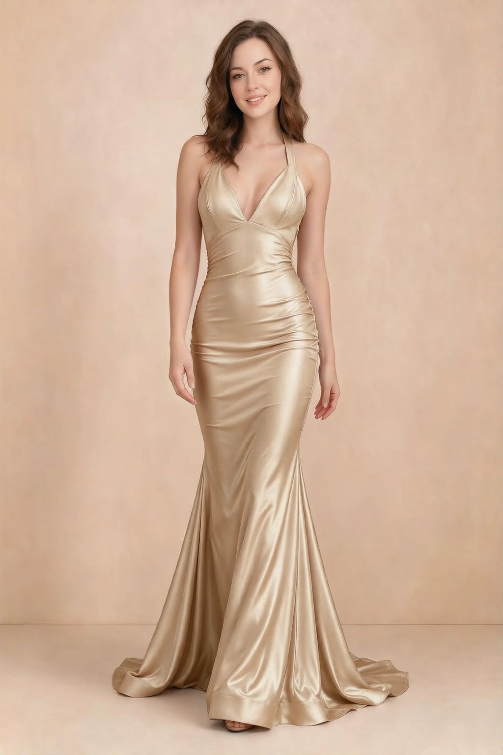 Elodie Champagne Satin Ruched V-Neck Mermaid Maxi Dress