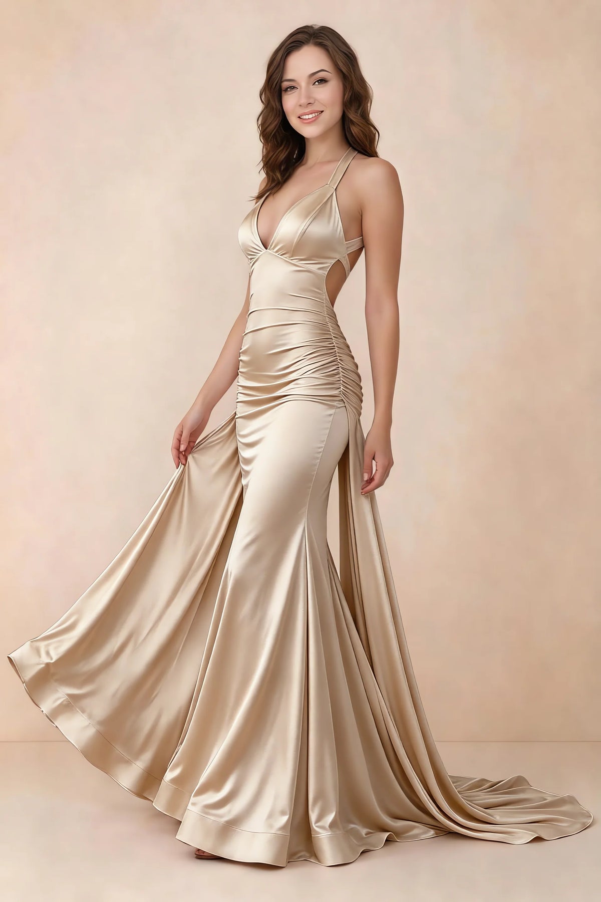 Elodie Champagne Satin Ruched V-Neck Mermaid Maxi Dress