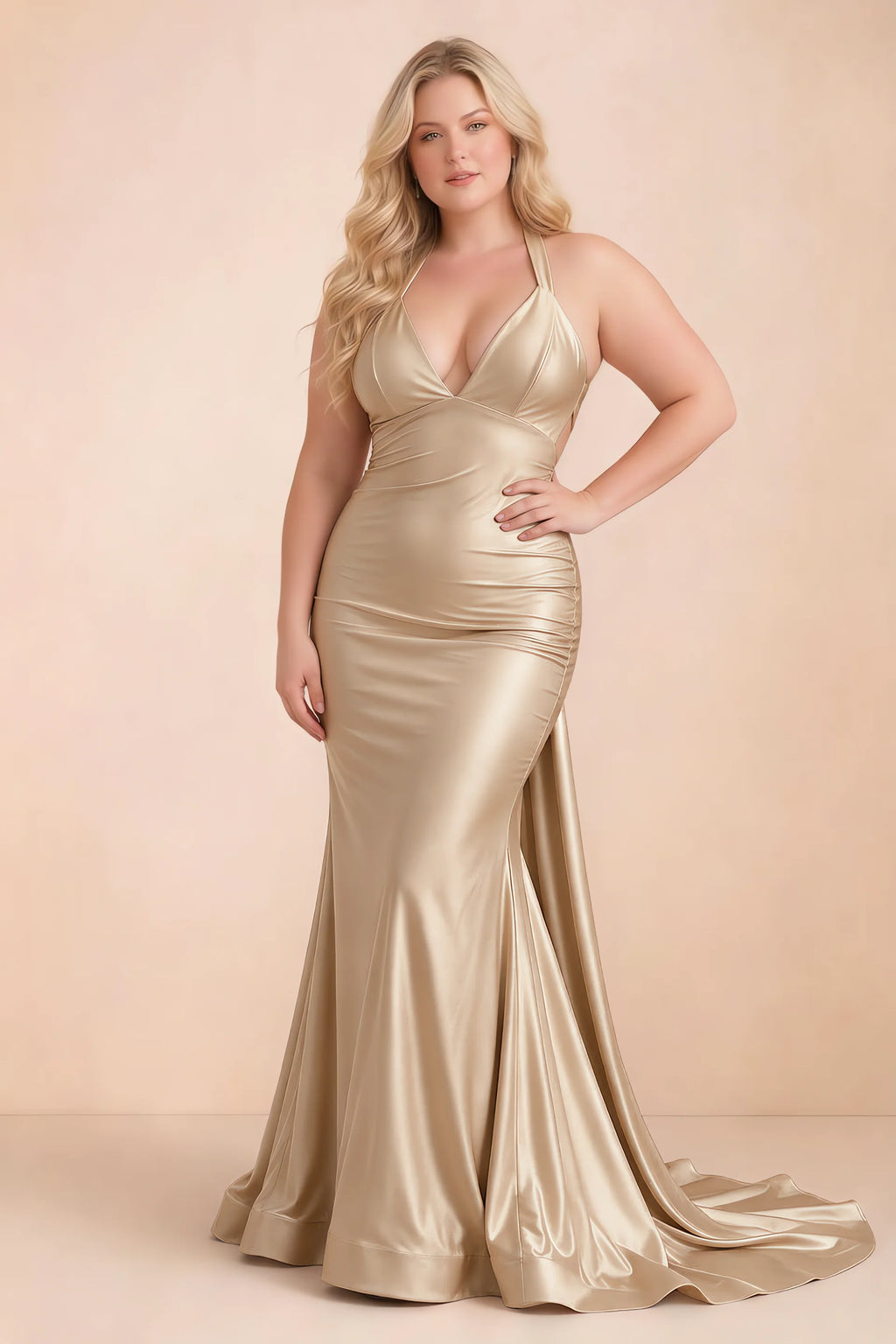 Elodie Champagne Satin Ruched V-Neck Mermaid Maxi Dress