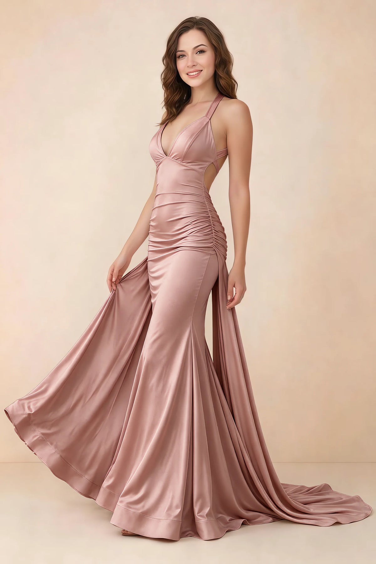 Elodie Dusty Rose Satin Ruched V-Neck Mermaid Maxi Dress