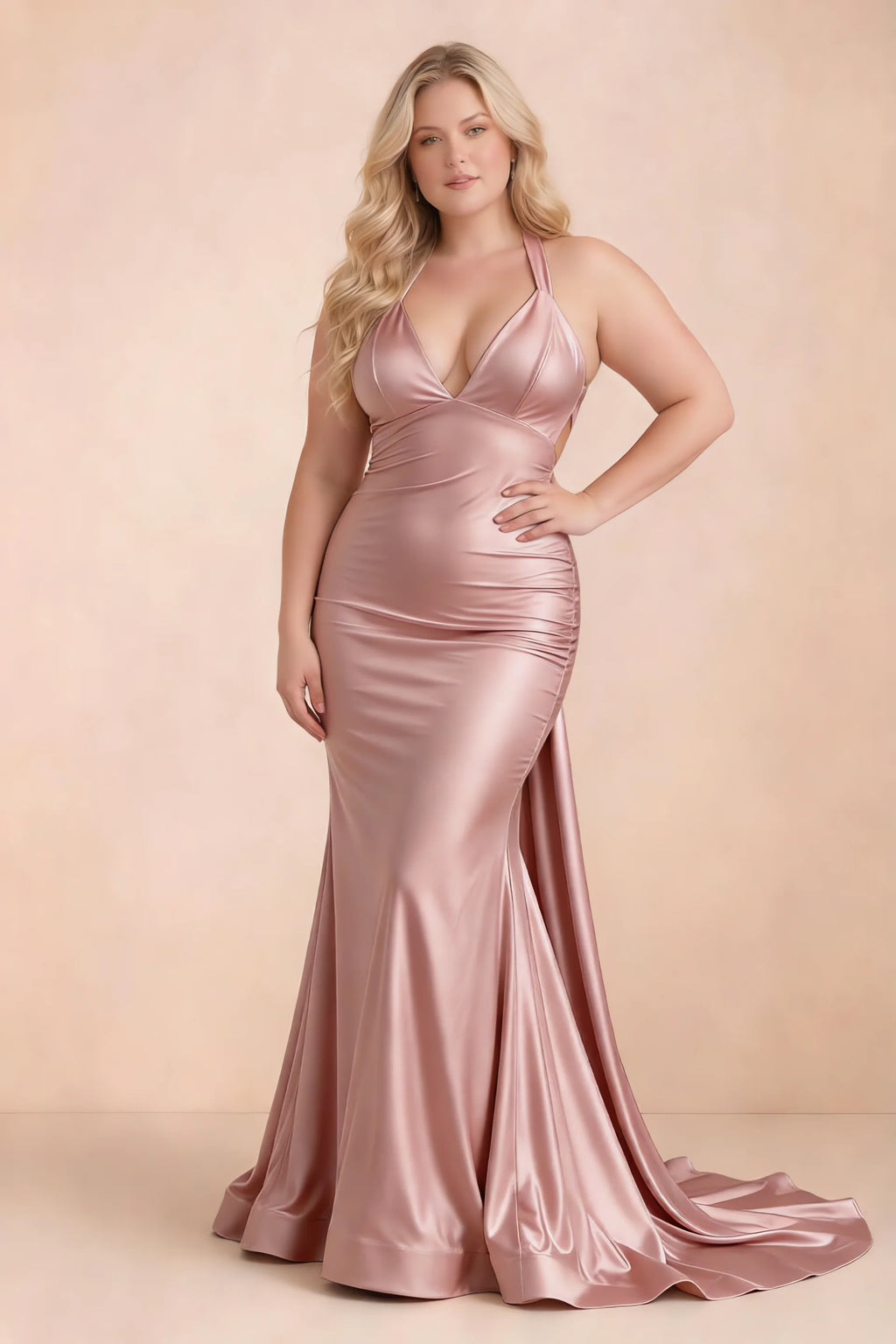 Elodie Dusty Rose Satin Ruched V-Neck Mermaid Maxi Dress