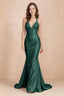 Elodie Emerald Satin Ruched V-Neck Mermaid Maxi Dress