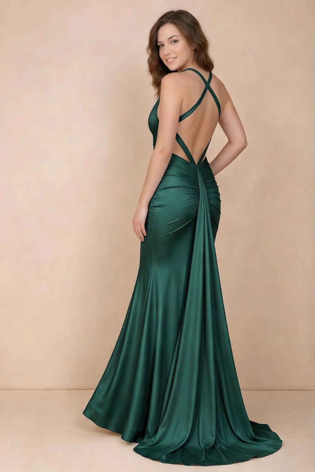 Elodie Emerald Satin Ruched V-Neck Mermaid Maxi Dress