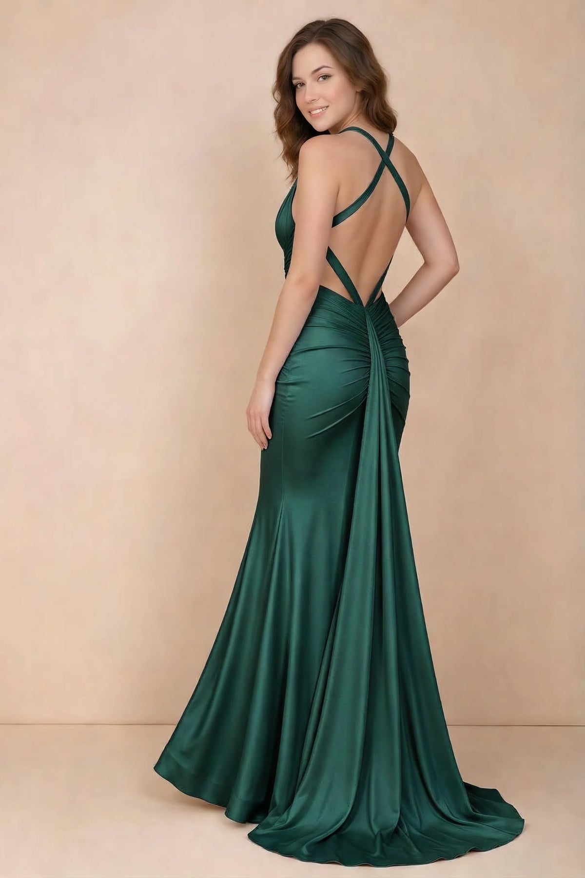 Elodie Emerald Satin Ruched V-Neck Mermaid Maxi Dress