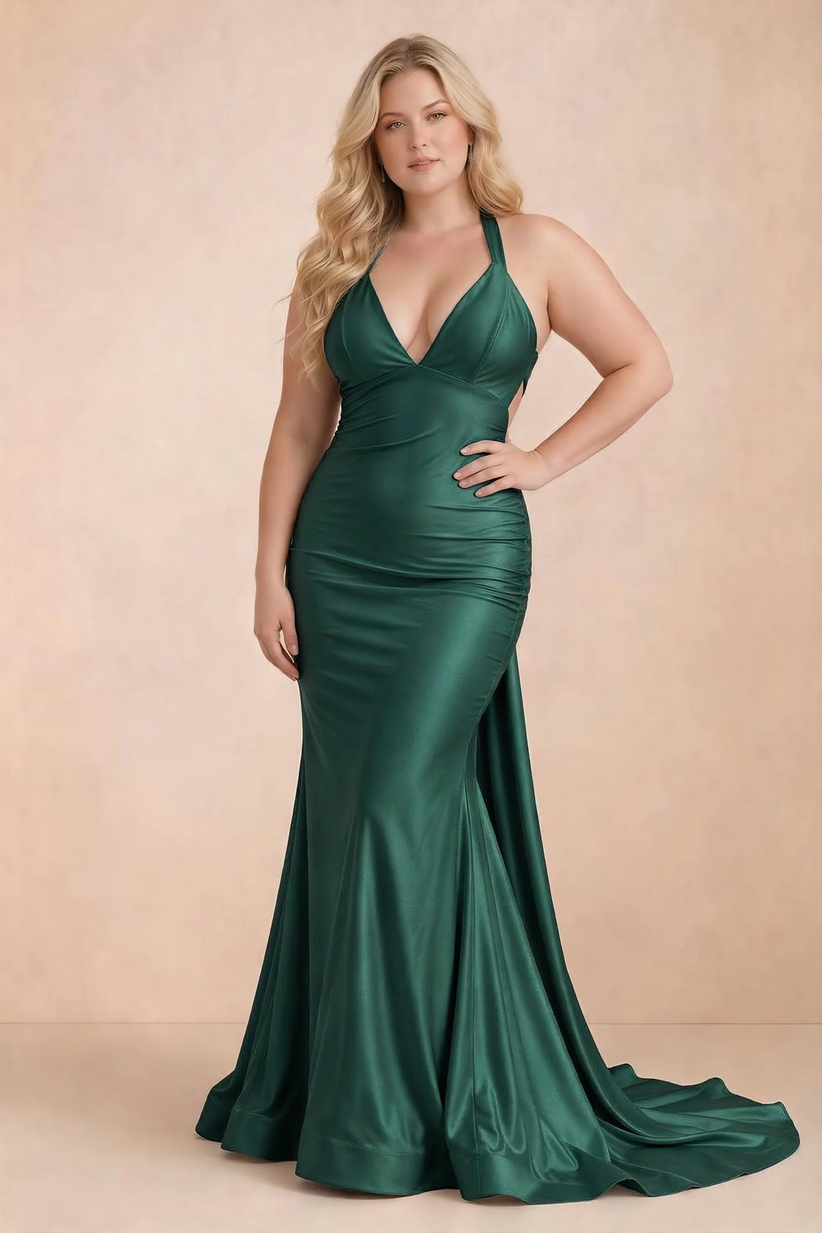 Elodie Emerald Satin Ruched V-Neck Mermaid Maxi Dress