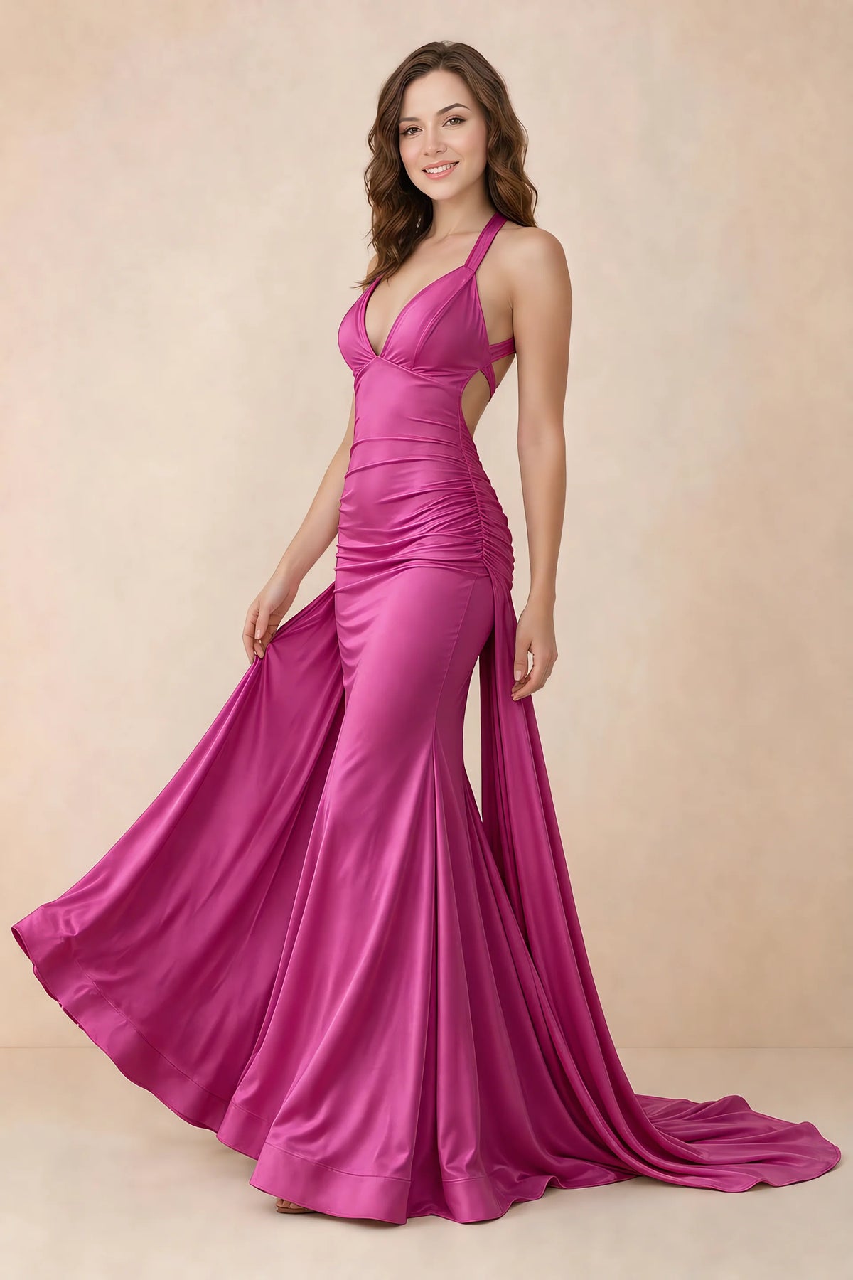 Elodie Fuchsia Satin Ruched V-Neck Mermaid Maxi Dress