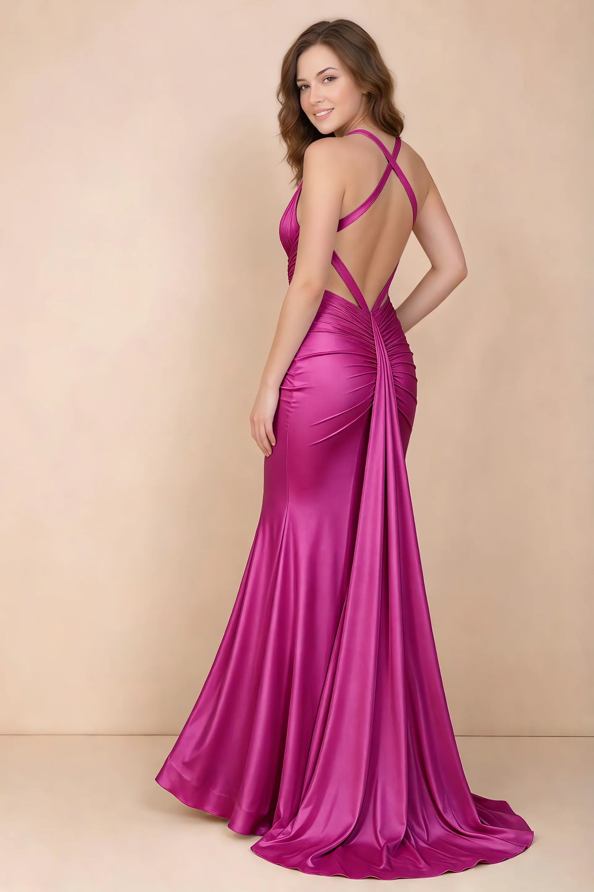 Elodie Fuchsia Satin Ruched V-Neck Mermaid Maxi Dress