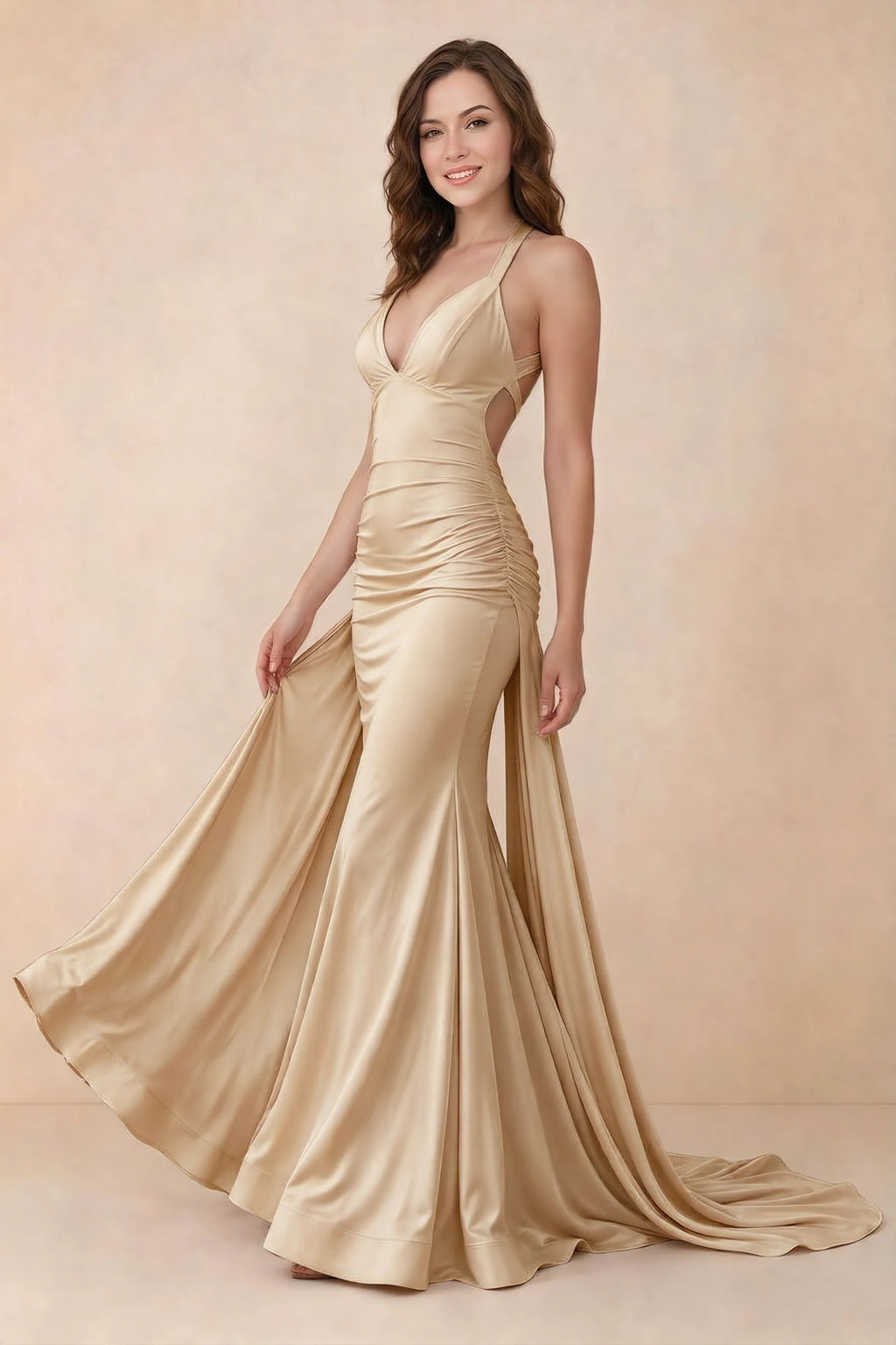 Elodie Gold Satin Ruched V-Neck Mermaid Maxi Dress