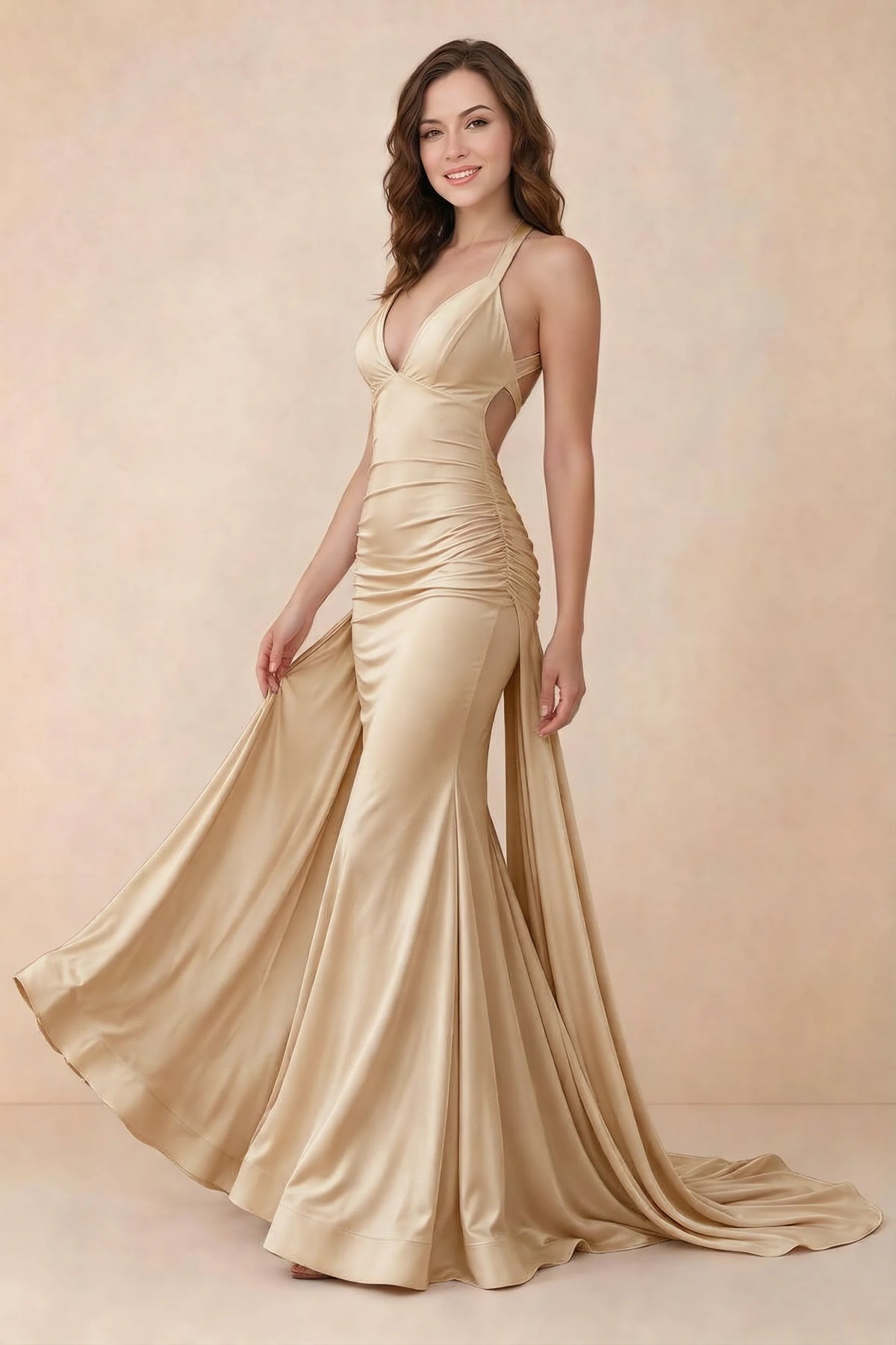 Elodie Gold Satin Ruched V-Neck Mermaid Maxi Dress