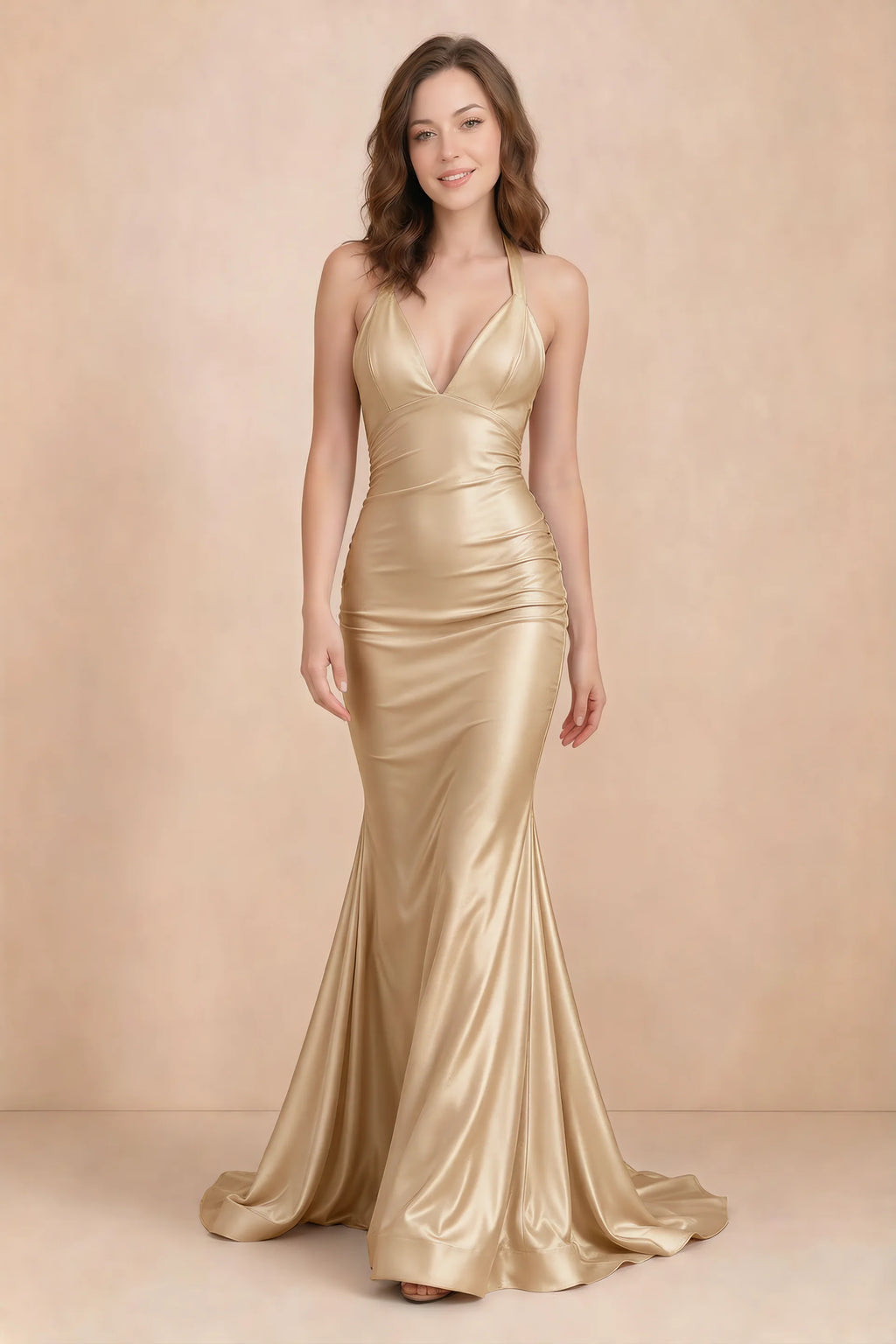 Elodie Gold Satin Ruched V-Neck Mermaid Maxi Dress