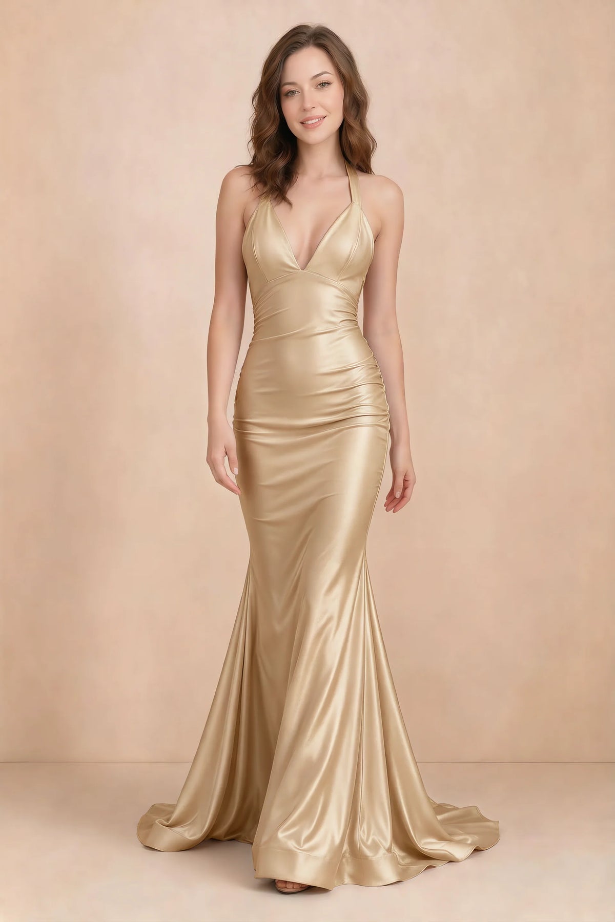Elodie Gold Satin Ruched V-Neck Mermaid Maxi Dress