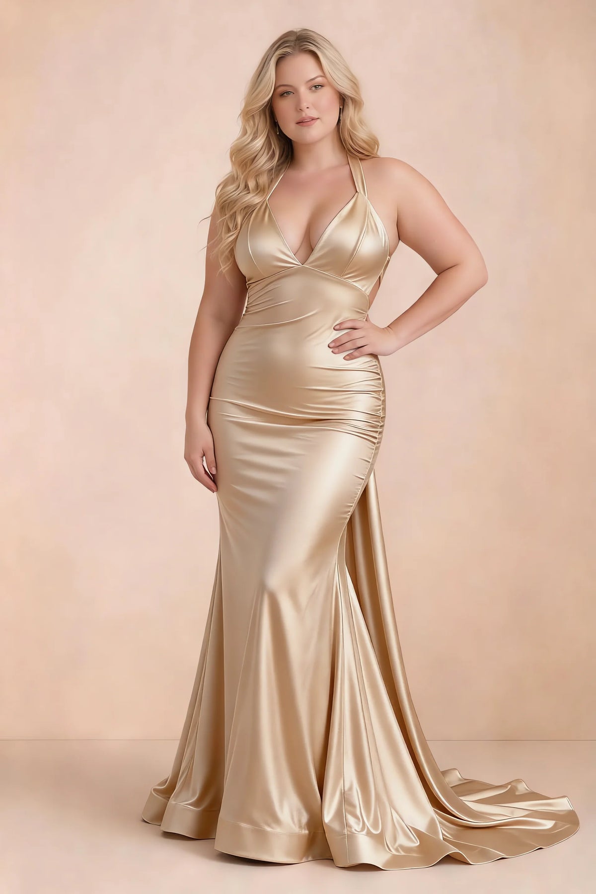 Elodie Gold Satin Ruched V-Neck Mermaid Maxi Dress