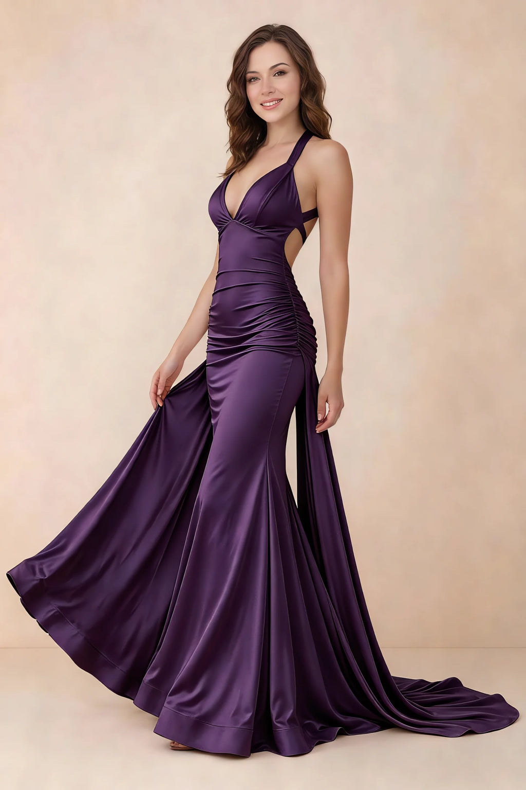 Elodie Grape Satin Ruched V-Neck Mermaid Maxi Dress