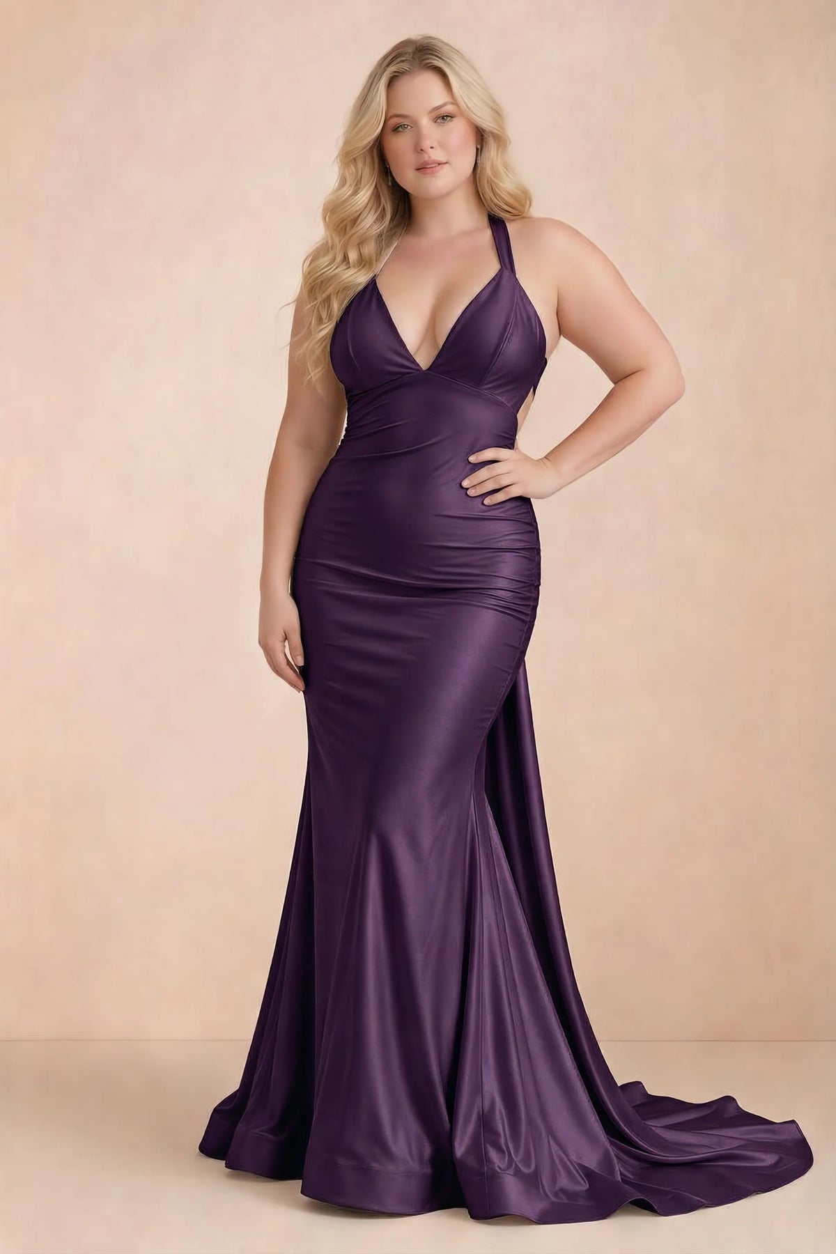 Elodie Grape Satin Ruched V-Neck Mermaid Maxi Dress