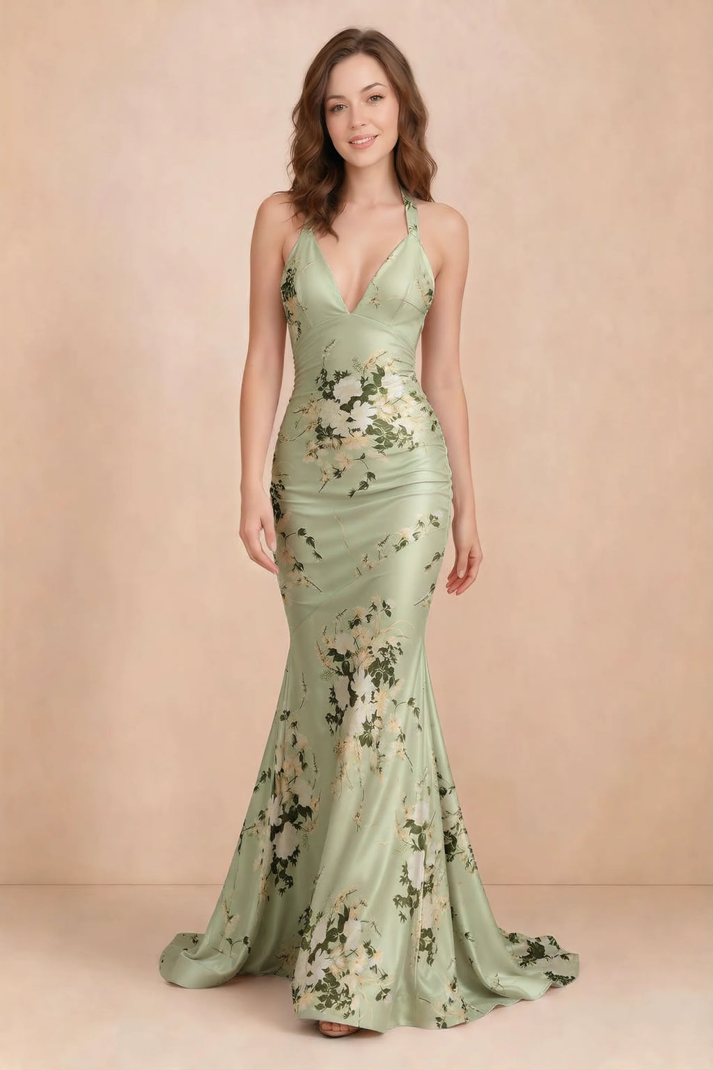 Elodie Green Floral Ruched V-Neck Mermaid Maxi Dress