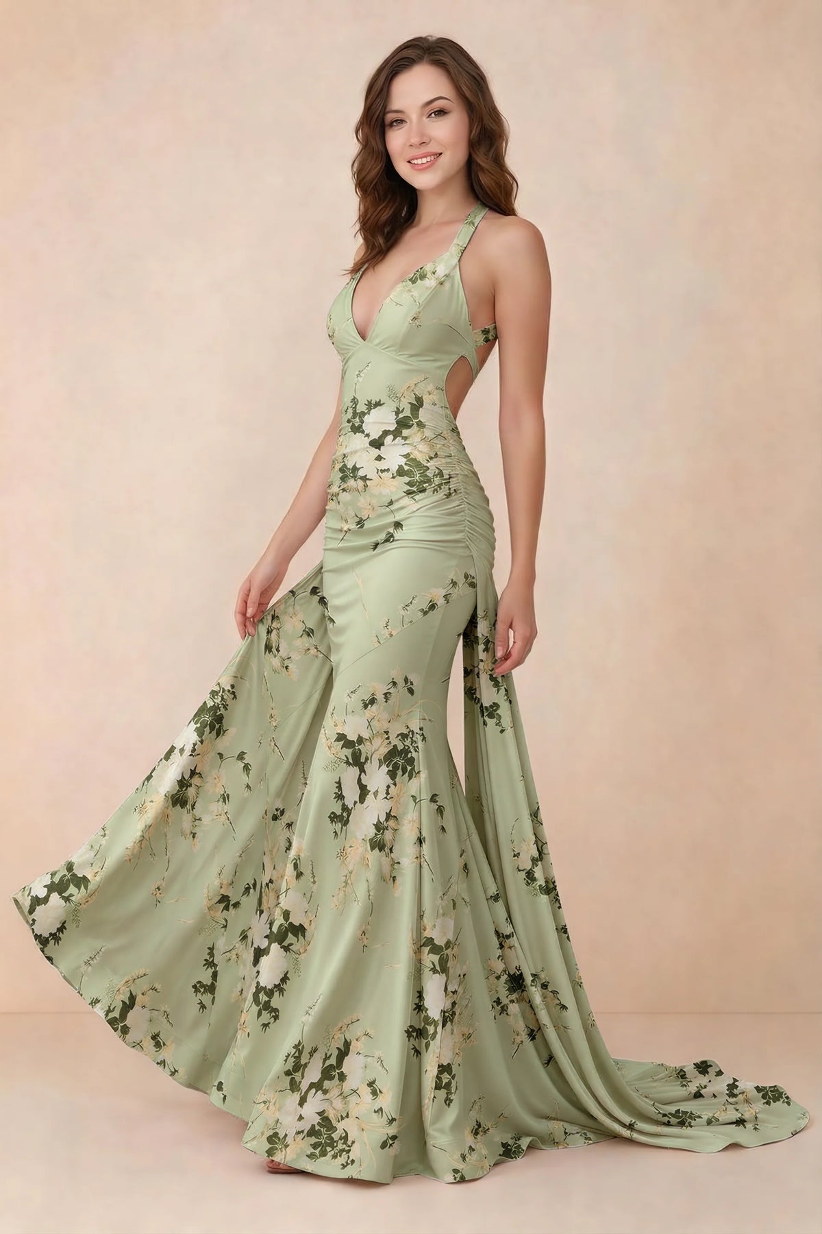 Elodie Green Floral Ruched V-Neck Mermaid Maxi Dress
