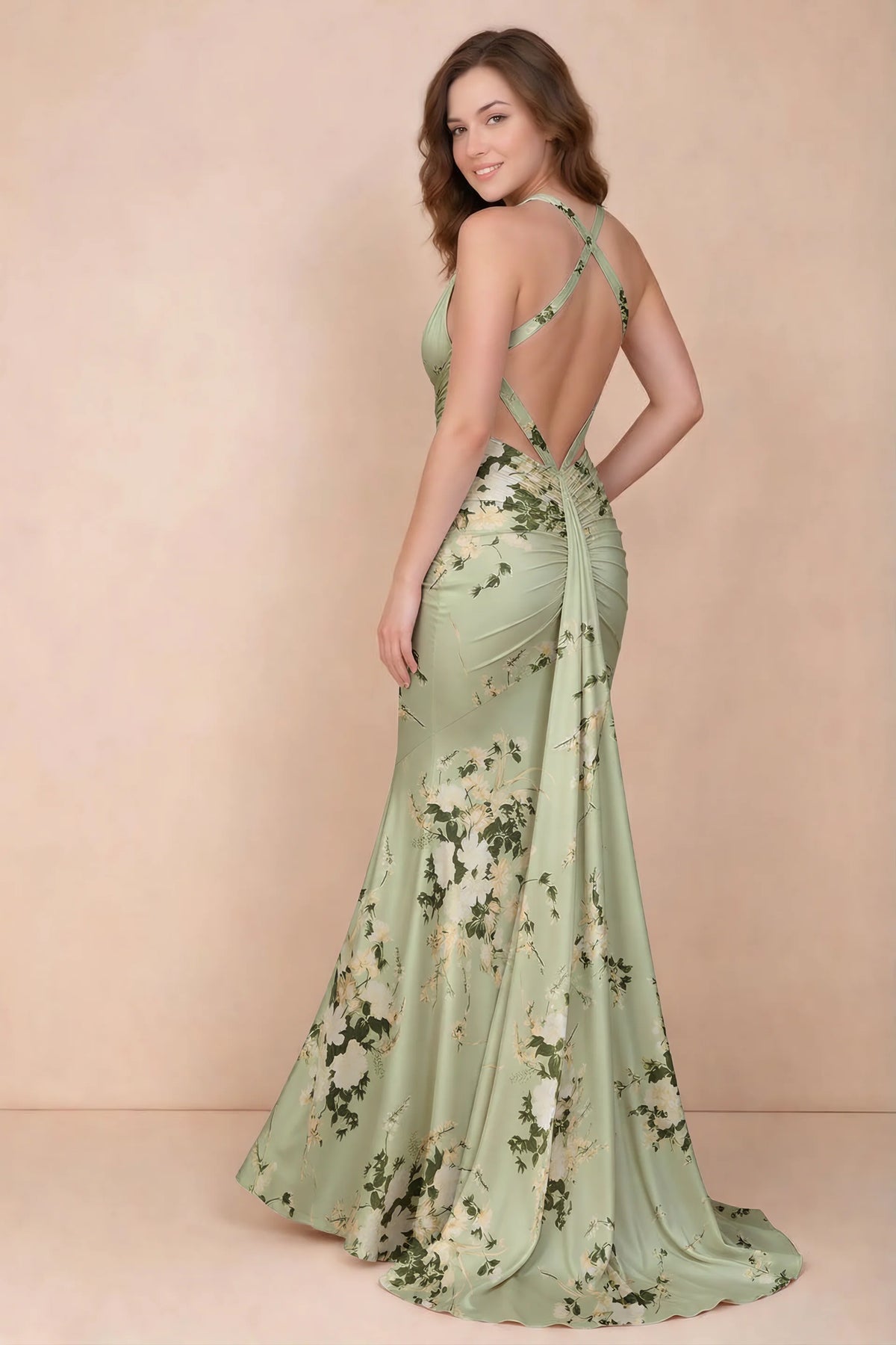 Elodie Green Floral Ruched V-Neck Mermaid Maxi Dress