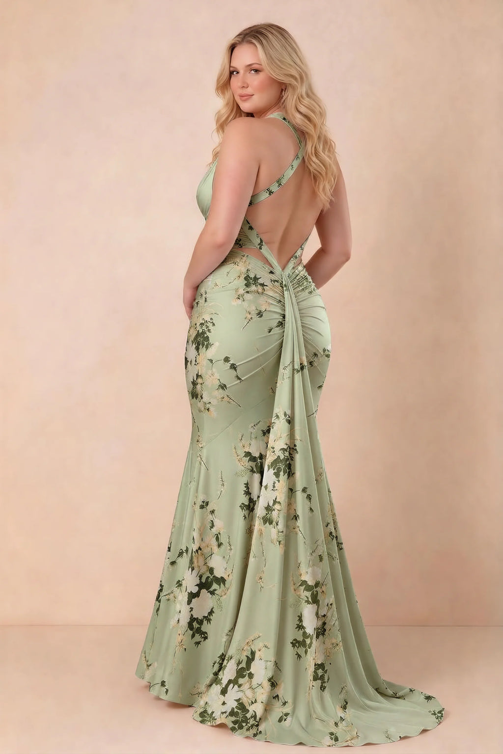 Elodie Green Floral Ruched V-Neck Mermaid Maxi Dress