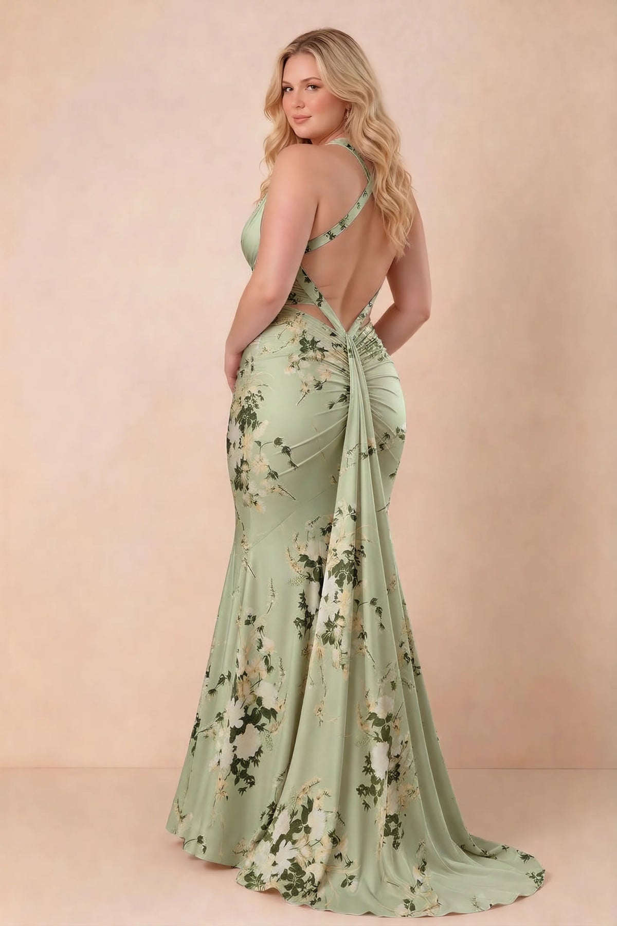 Elodie Green Floral Ruched V-Neck Mermaid Maxi Dress