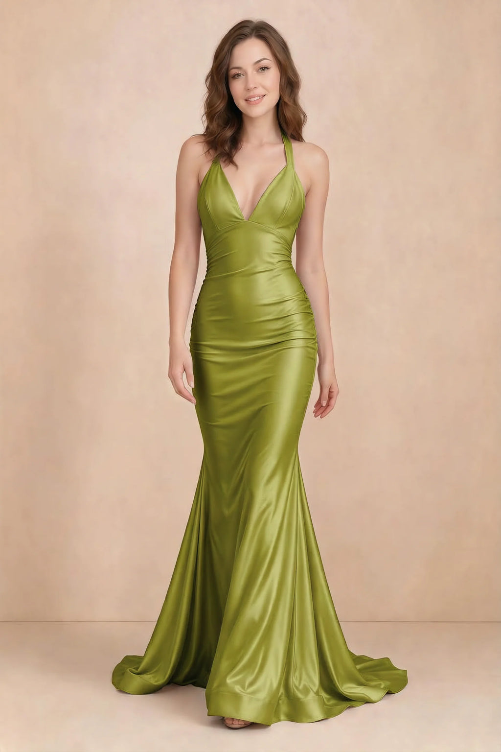 Elodie Lemon Green Satin Ruched V-Neck Mermaid Maxi Dress