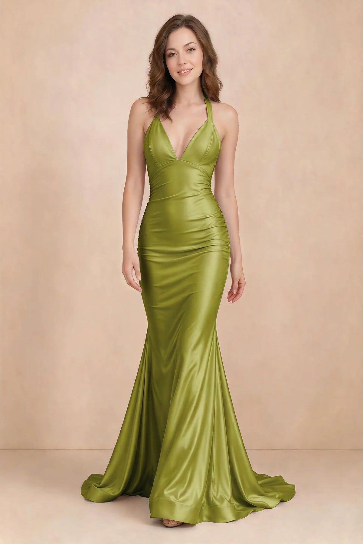 Elodie Lemon Green Satin Ruched V-Neck Mermaid Maxi Dress