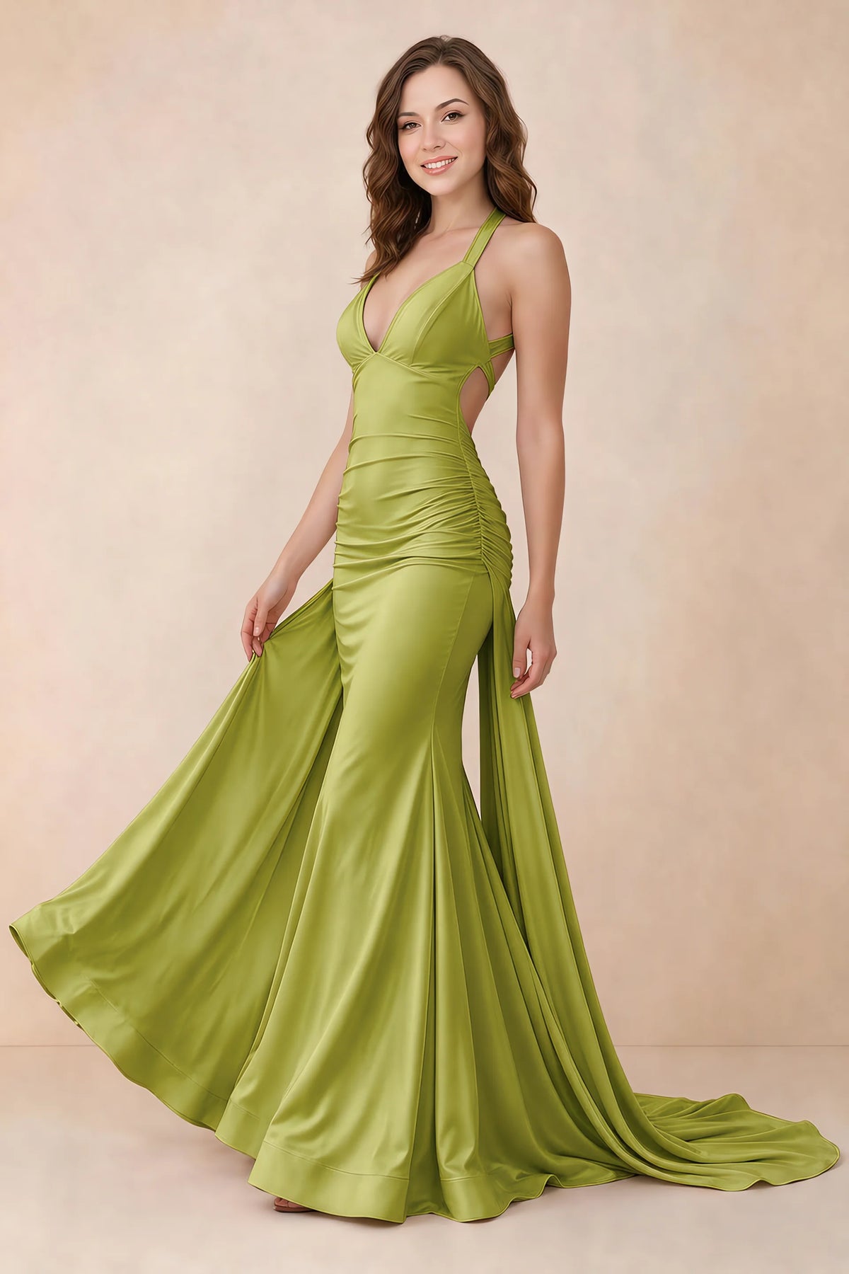Elodie Lemon Green Satin Ruched V-Neck Mermaid Maxi Dress