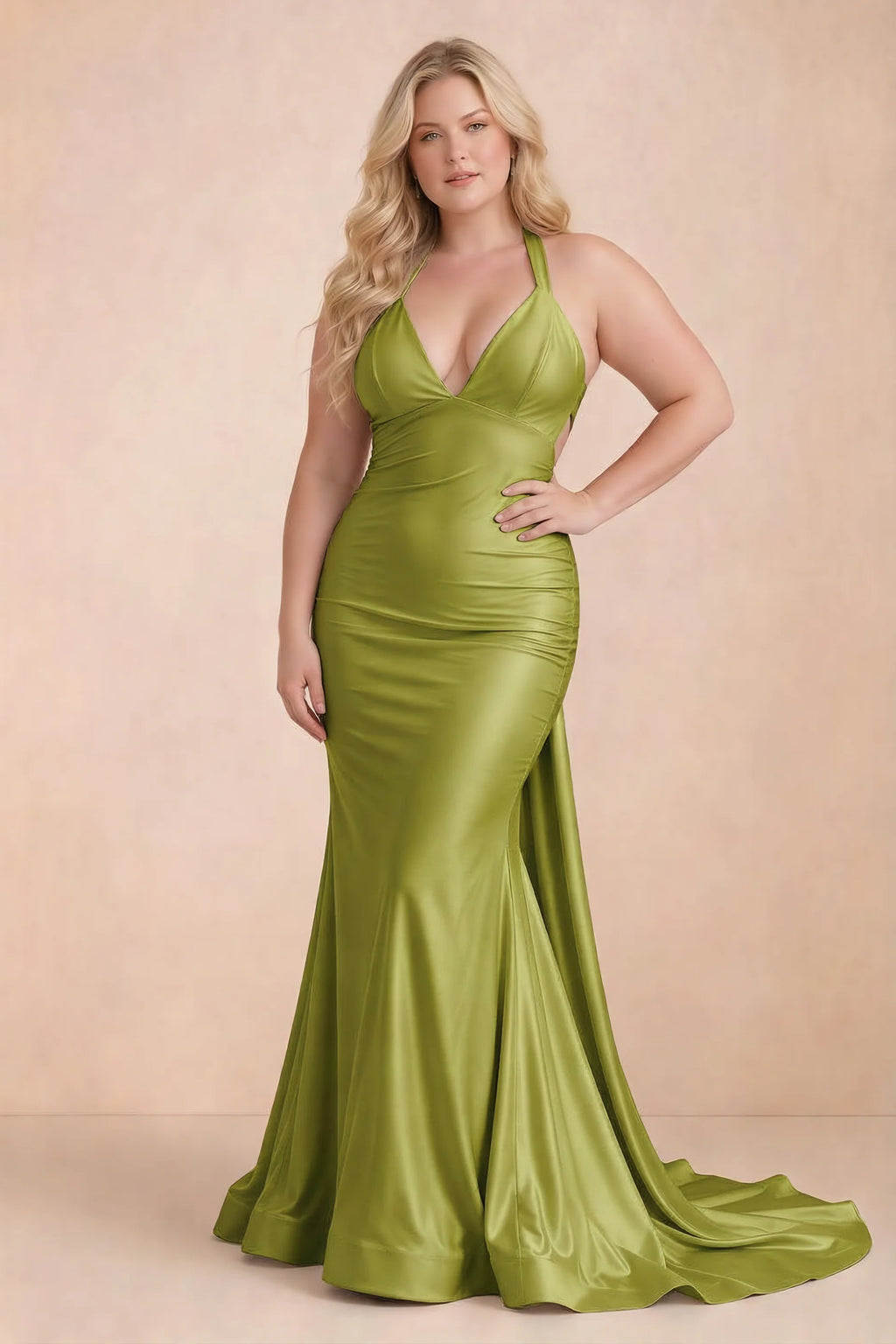 Elodie Lemon Green Satin Ruched V-Neck Mermaid Maxi Dress