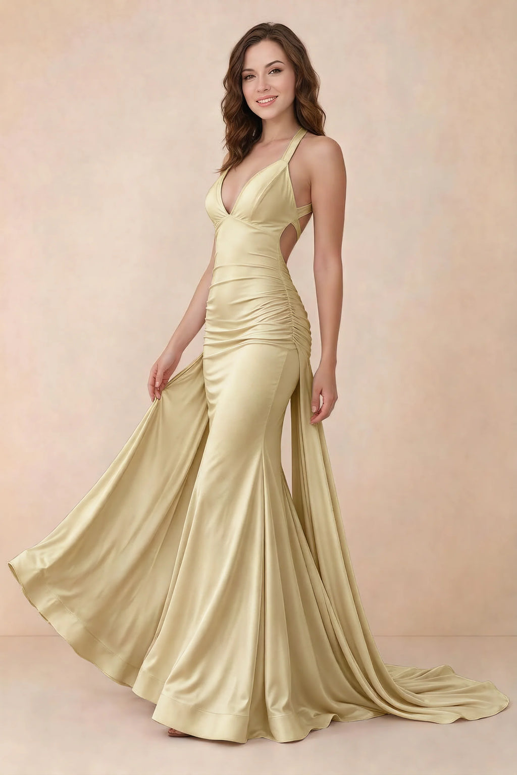 Elodie Lemon Satin Ruched V-Neck Mermaid Maxi Dress