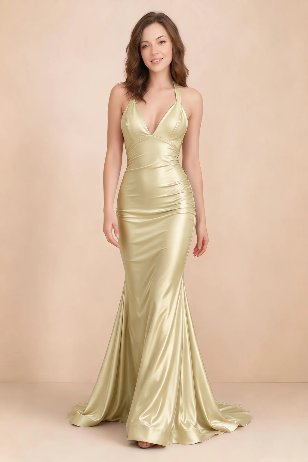 Elodie Lemon Satin Ruched V-Neck Mermaid Maxi Dress