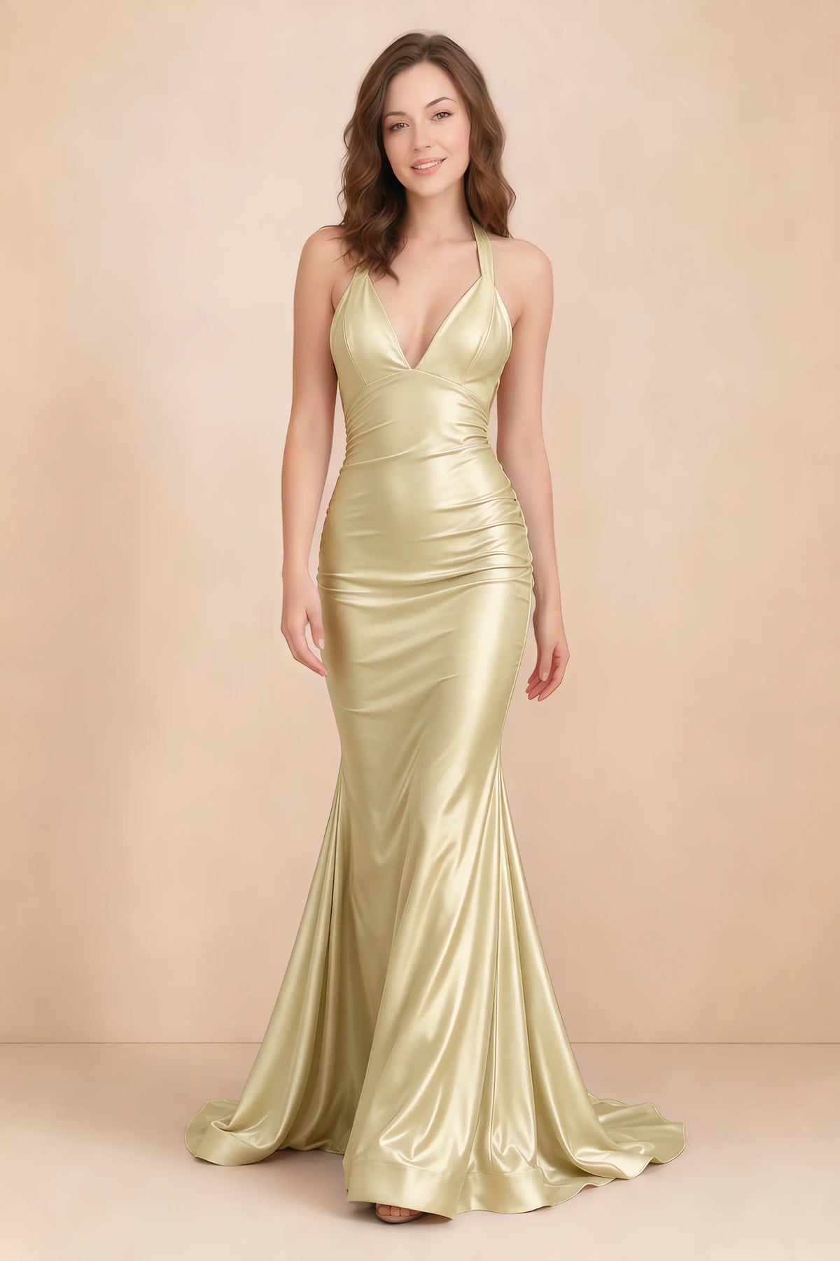 Elodie Lemon Satin Ruched V-Neck Mermaid Maxi Dress
