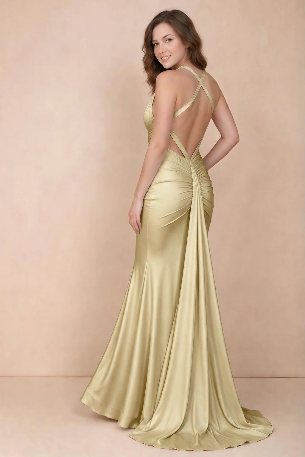 Elodie Lemon Satin Ruched V-Neck Mermaid Maxi Dress