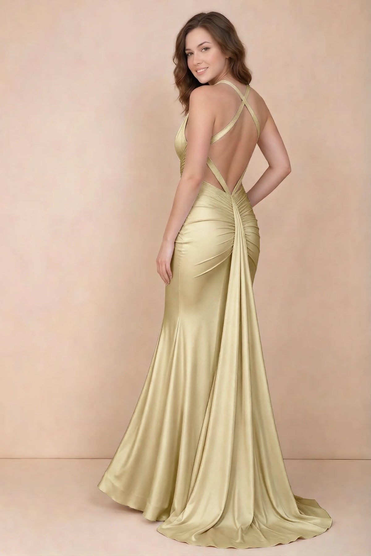 Elodie Lemon Satin Ruched V-Neck Mermaid Maxi Dress