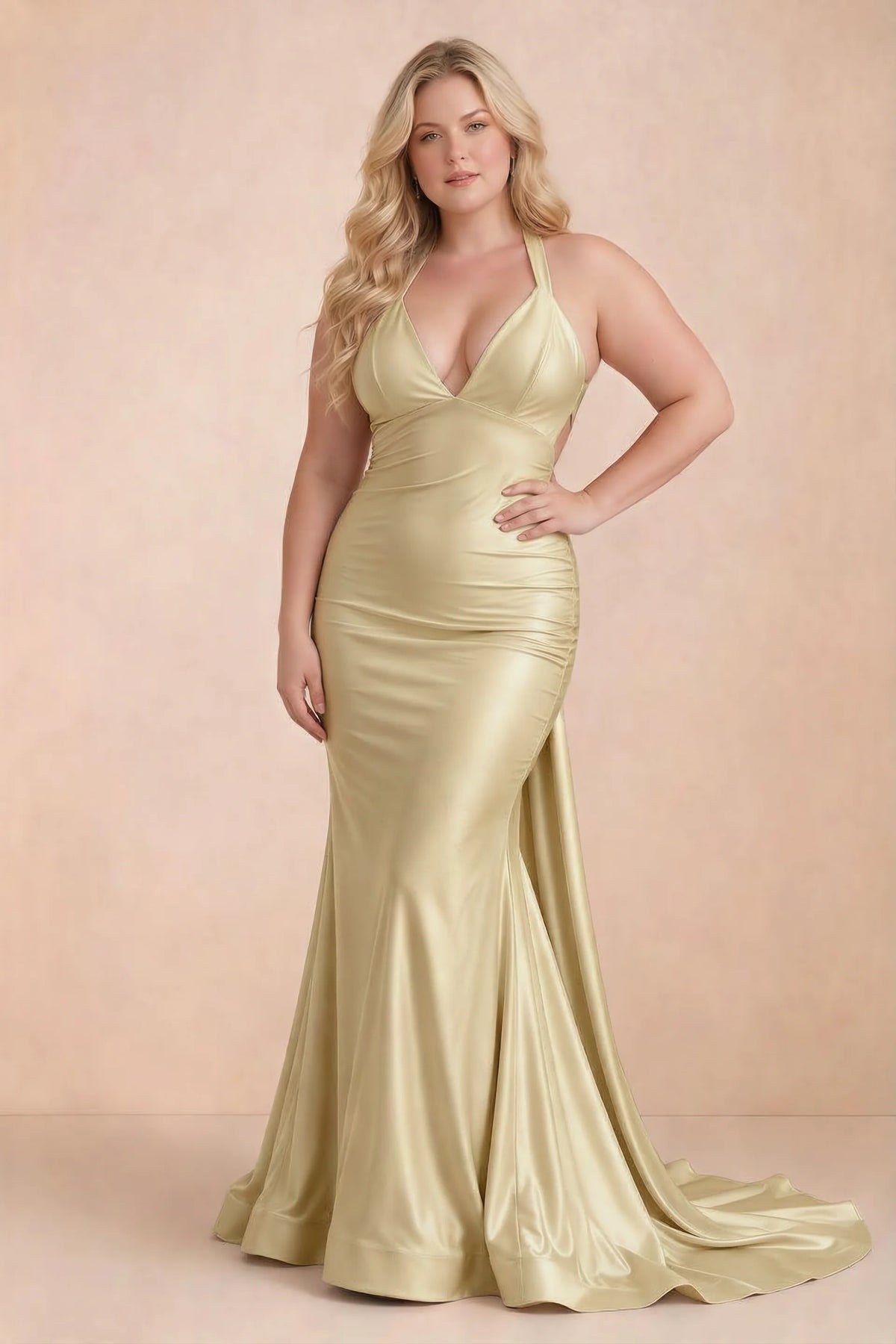 Elodie Lemon Satin Ruched V-Neck Mermaid Maxi Dress