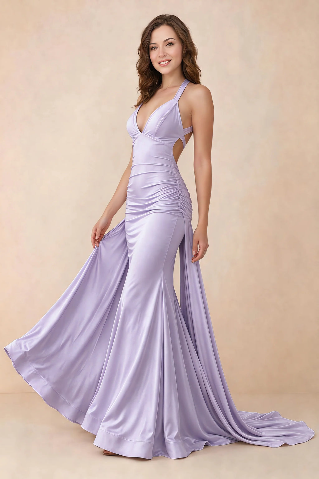 Vestido largo Elodie de satén color lila, fruncido, con escote en V y corte sirena