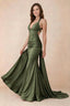 Elodie Olive Green Satin Ruched V-Neck Mermaid Maxi Dress