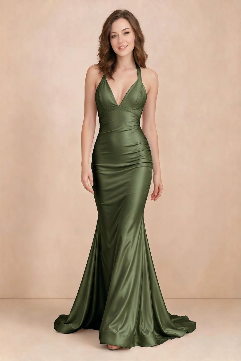 Elodie Olive Green Satin Ruched V-Neck Mermaid Maxi Dress