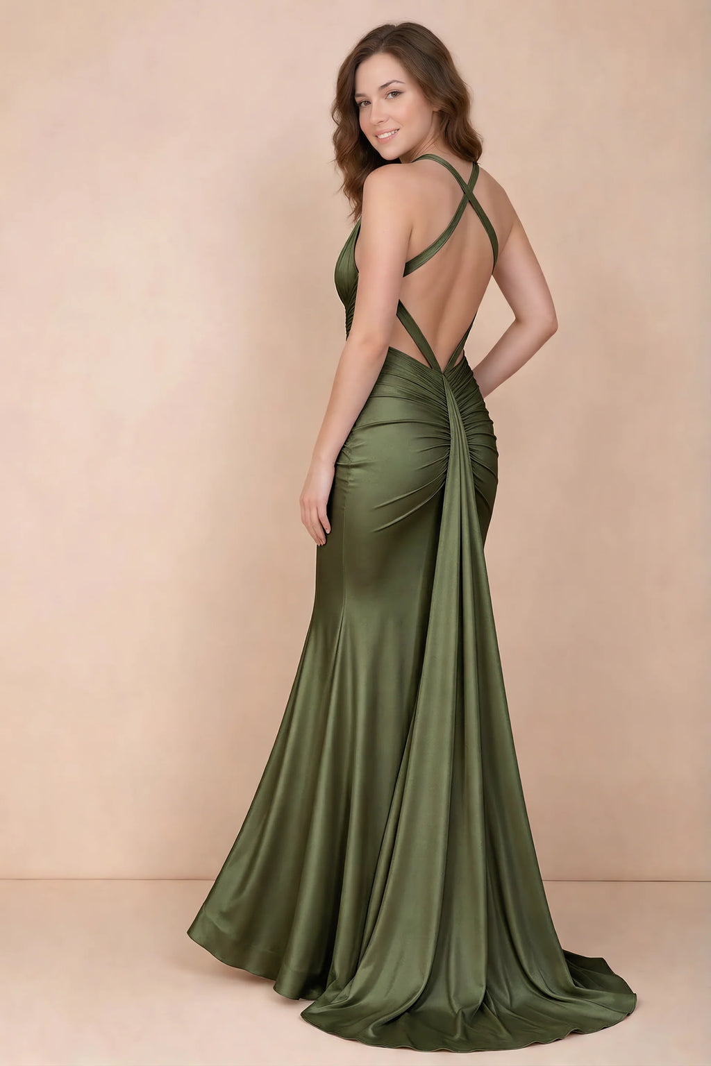 Elodie Olive Green Satin Ruched V-Neck Mermaid Maxi Dress