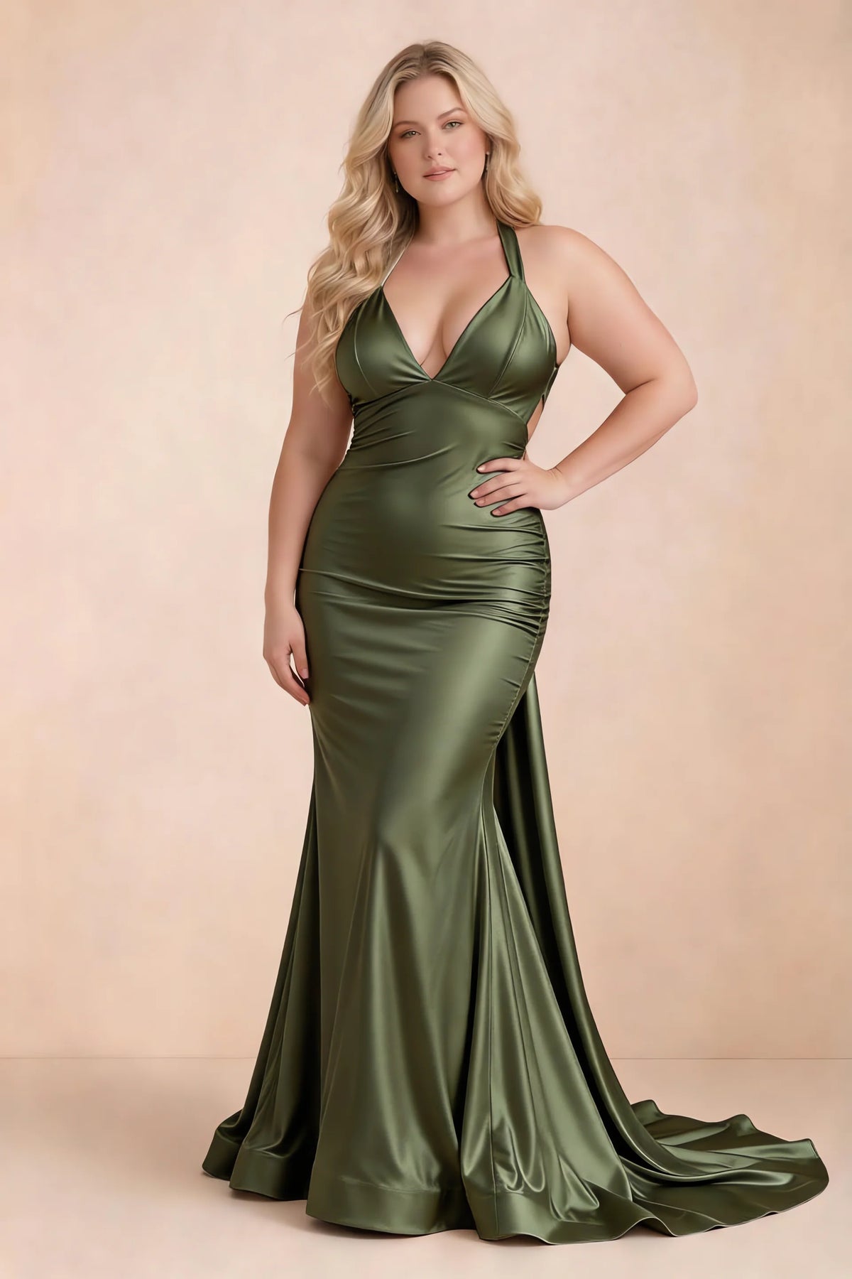 Elodie Olive Green Satin Ruched V-Neck Mermaid Maxi Dress