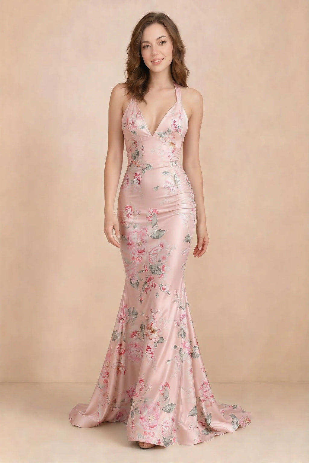 Elodie Pink Floral Ruched V-Neck Mermaid Maxi Dress