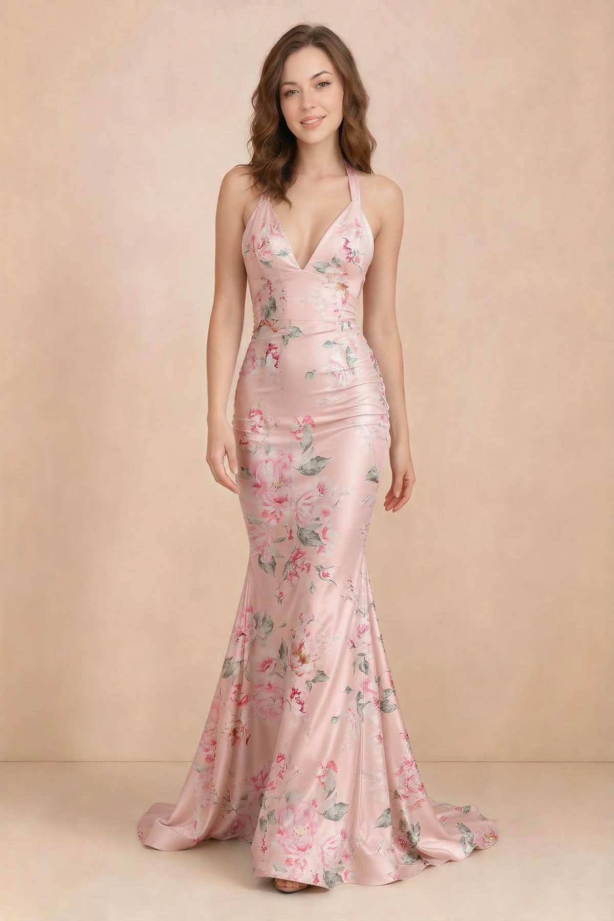 Elodie Pink Floral Ruched V-Neck Mermaid Maxi Dress