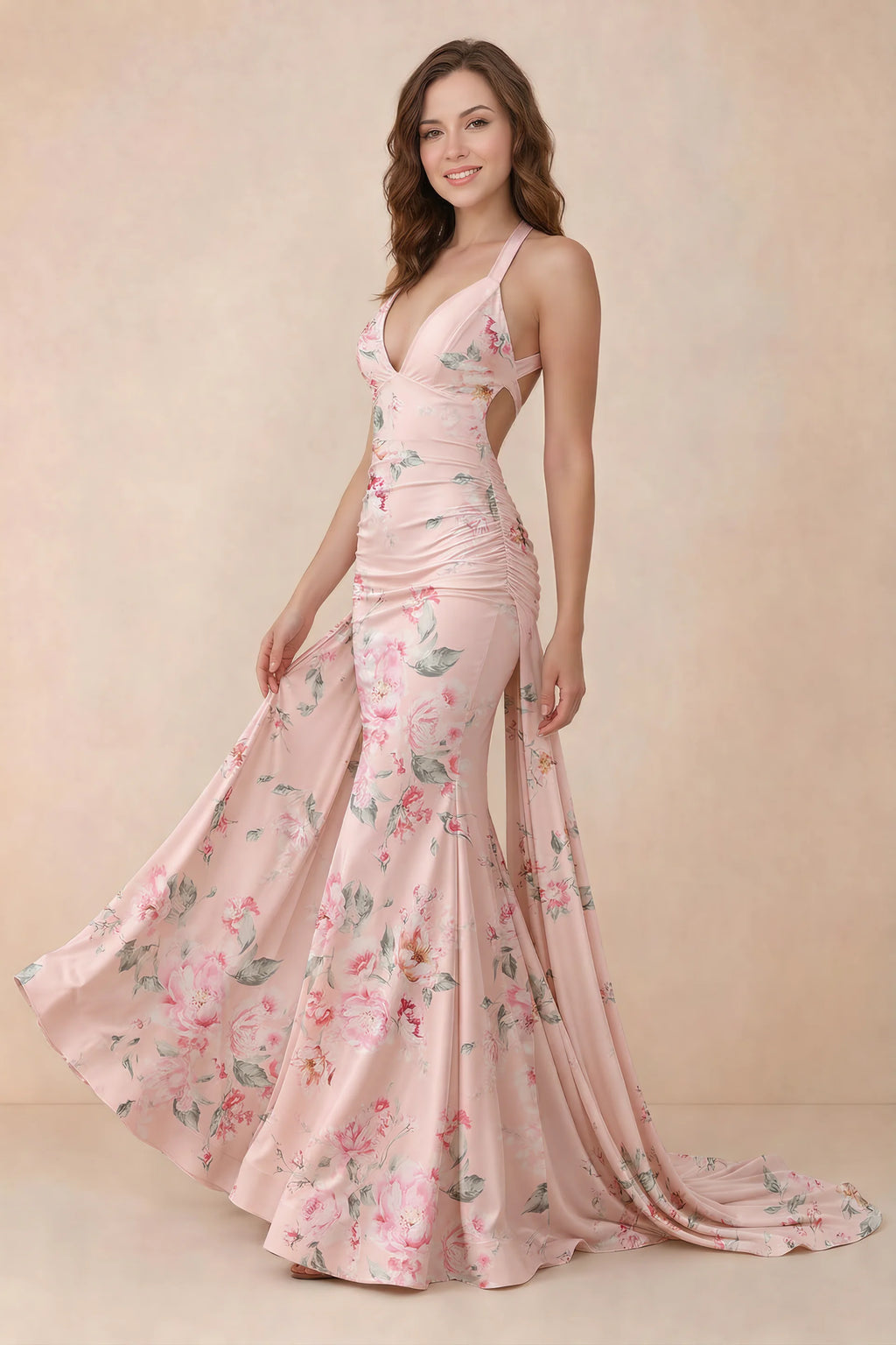 Elodie Pink Floral Ruched V-Neck Mermaid Maxi Dress