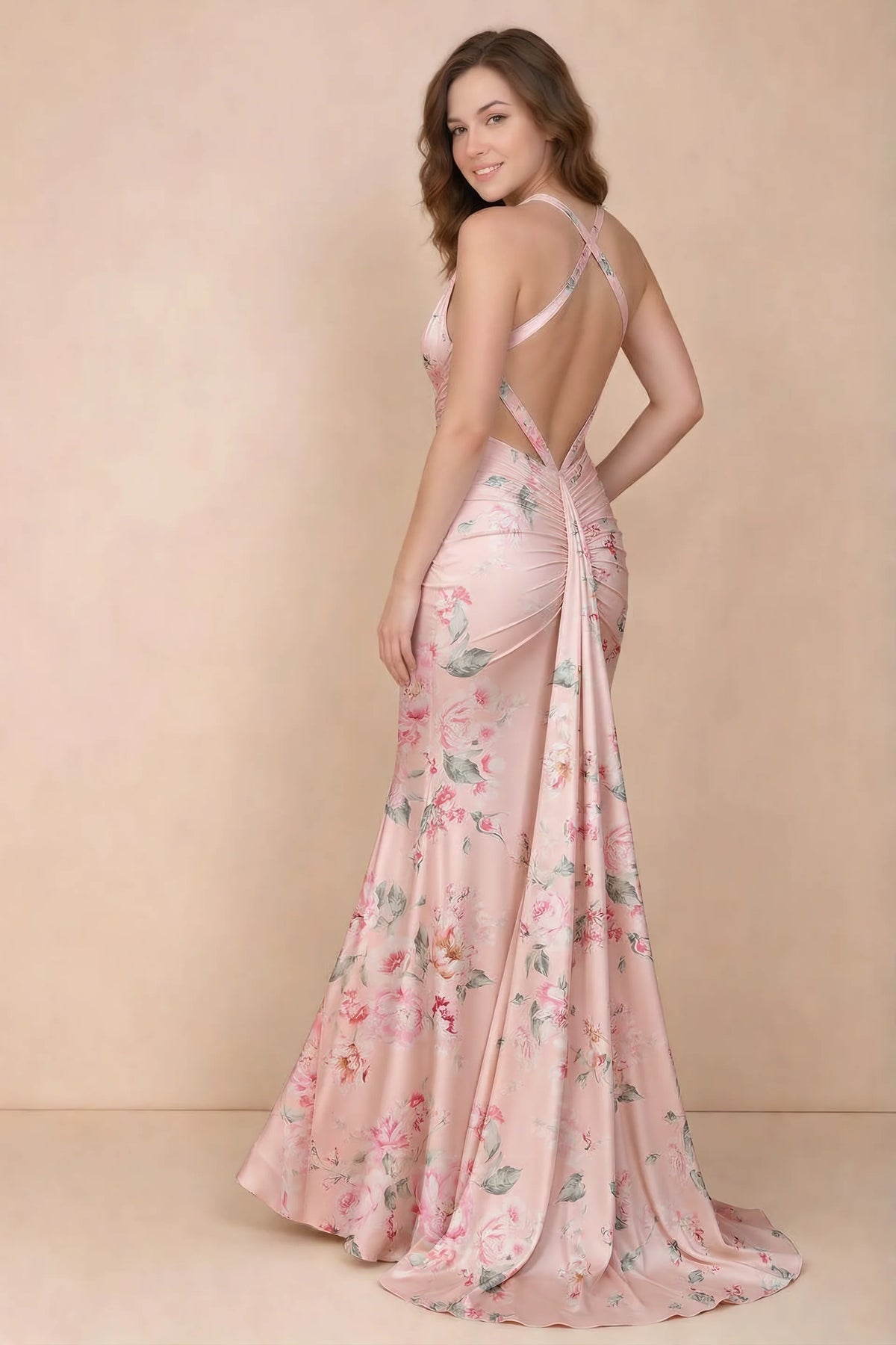 Elodie Pink Floral Ruched V-Neck Mermaid Maxi Dress