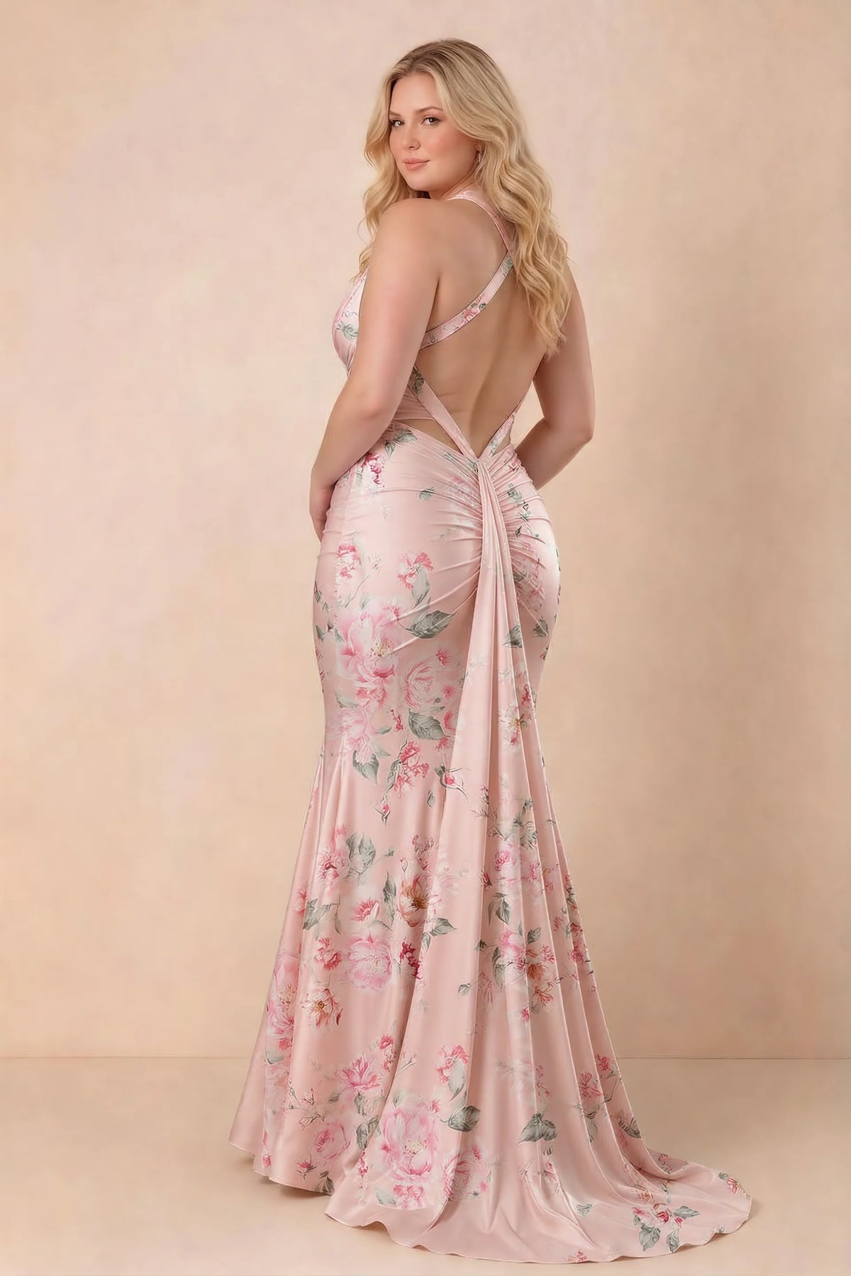 Elodie Pink Floral Ruched V-Neck Mermaid Maxi Dress