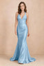Elodie Powder Blue Satin Ruched V-Neck Mermaid Maxi Dress