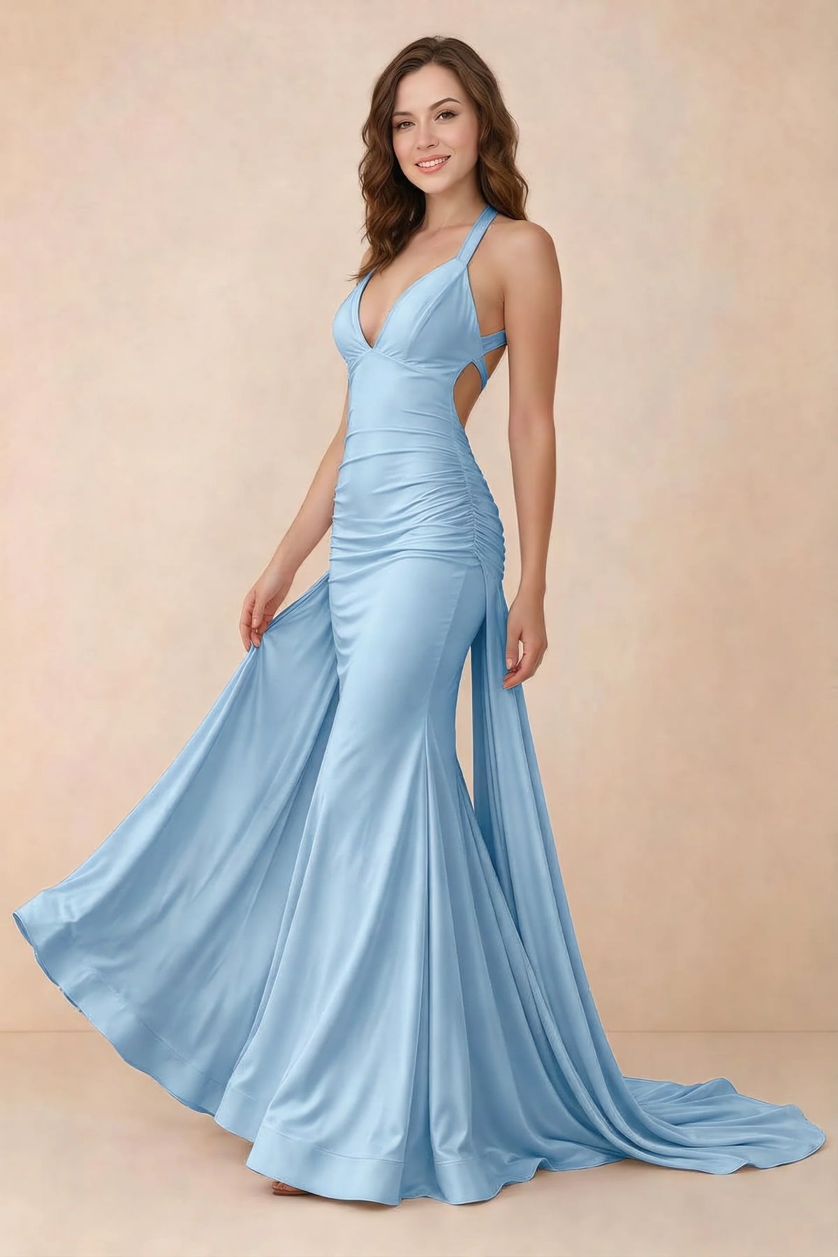 Elodie Powder Blue Satin Ruched V-Neck Mermaid Maxi Dress