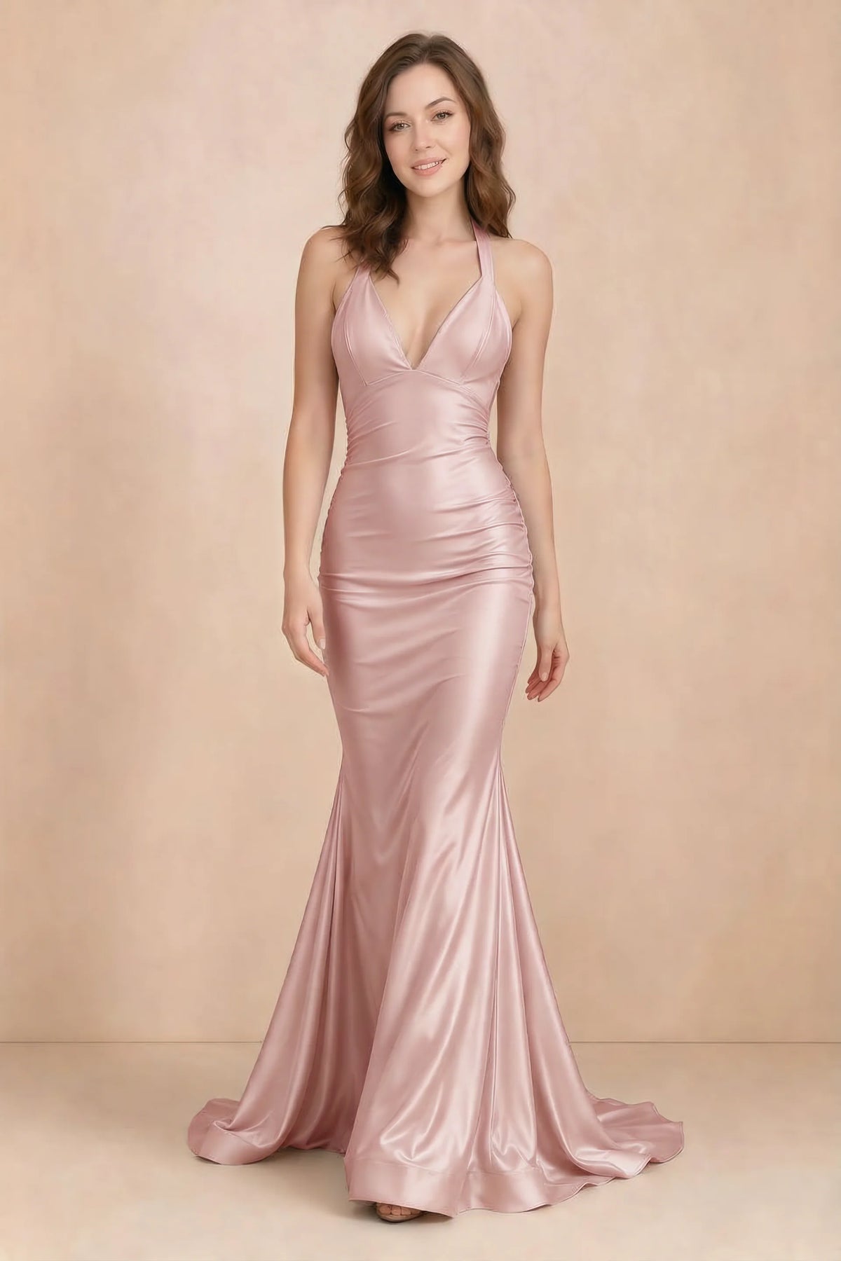 Elodie Powder Pink Satin Ruched V-Neck Mermaid Maxi Dress
