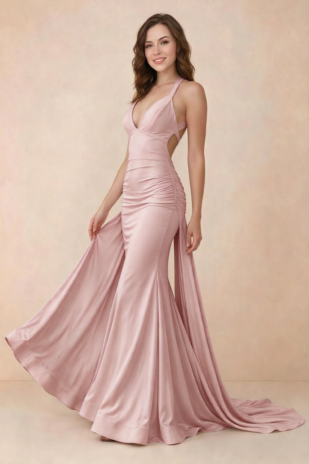 Elodie Powder Pink Satin Ruched V-Neck Mermaid Maxi Dress