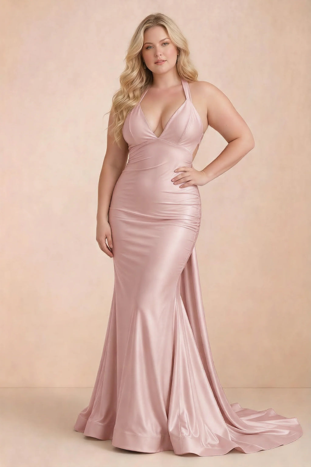 Elodie Powder Pink Satin Ruched V-Neck Mermaid Maxi Dress